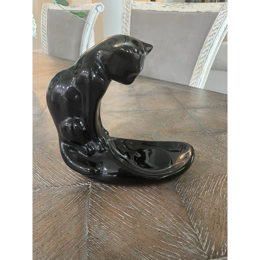 Vtg Haeger Black Cat Ceramic Fish Bowl Holder  Trinket Soap Tray Display Catcore